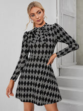 Houndstooth Print Puff Sleeve Flare Dress Sai Feel